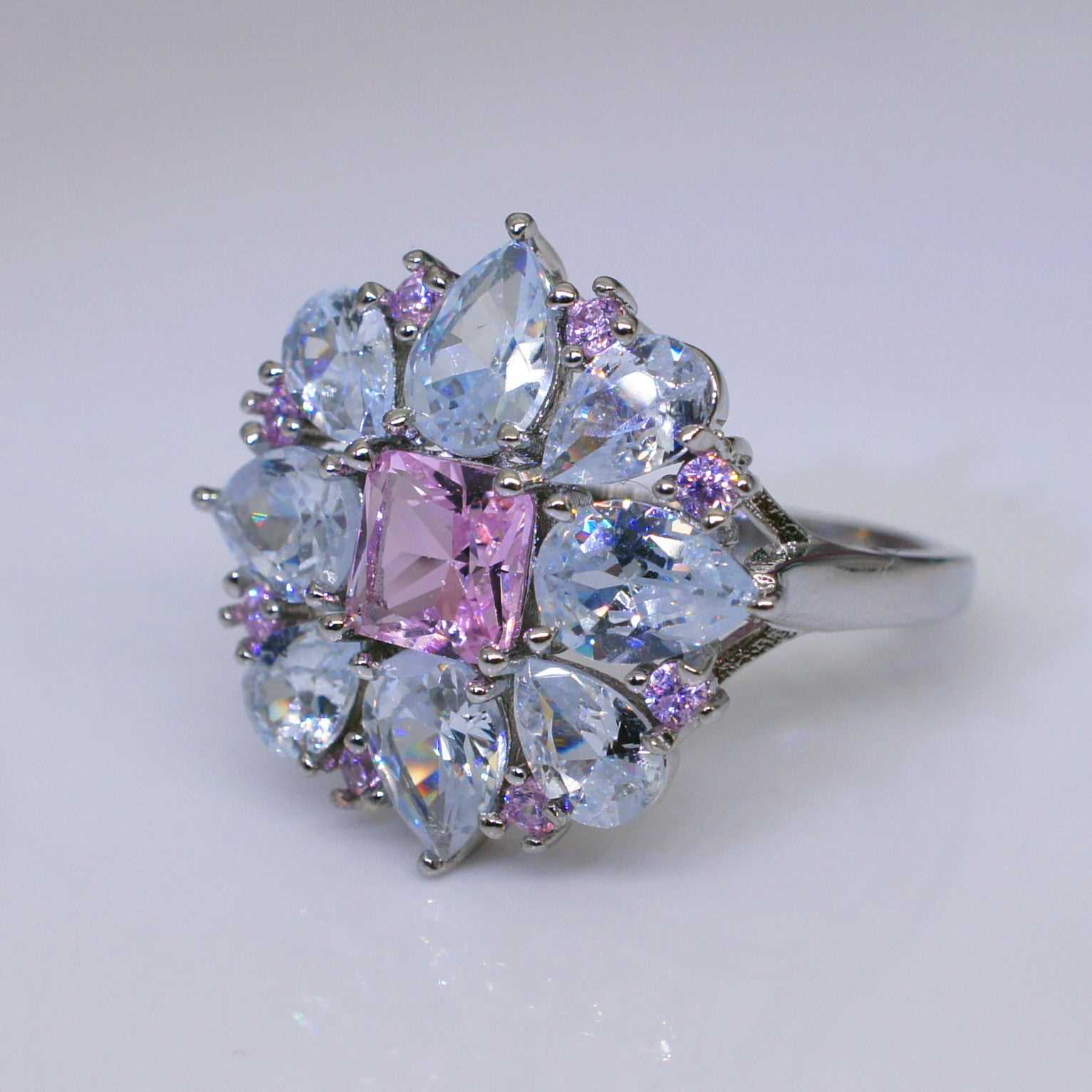 #AB168 Cultured High Carbon Diamond Pink Quartz Zirconia Ring