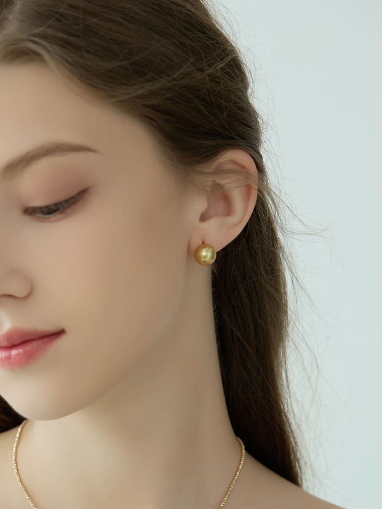 #AB083 Golden South Sea Round Pearl Stud Earrings