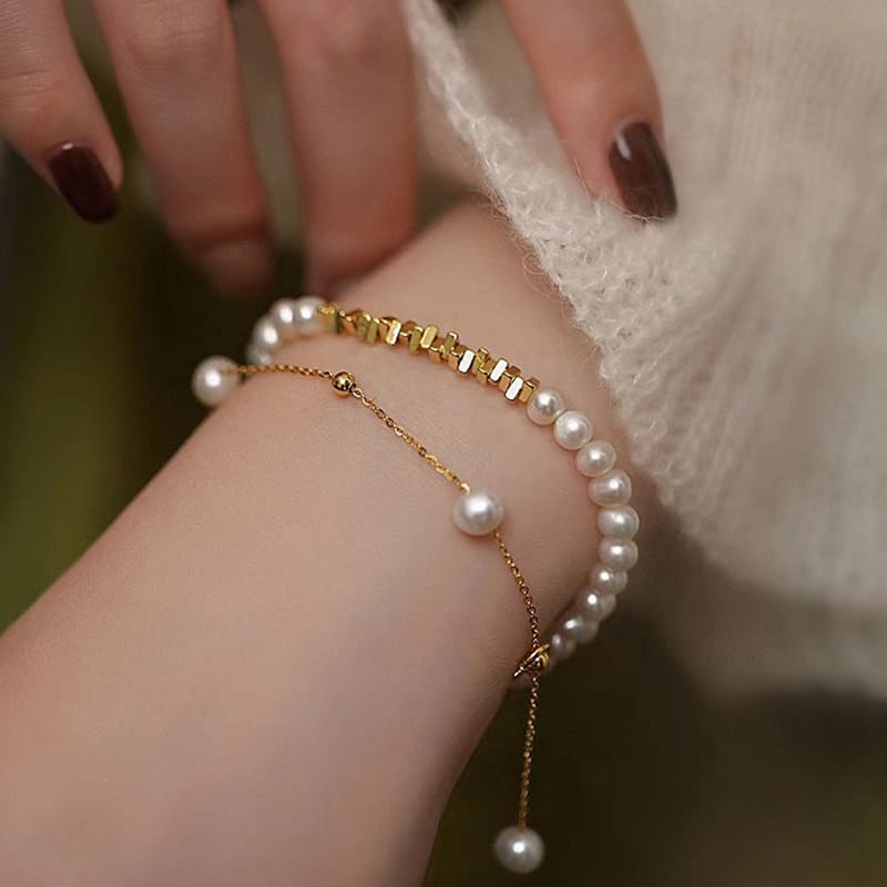 #AB080 Gold Crushed Silver Pearl Bracelets