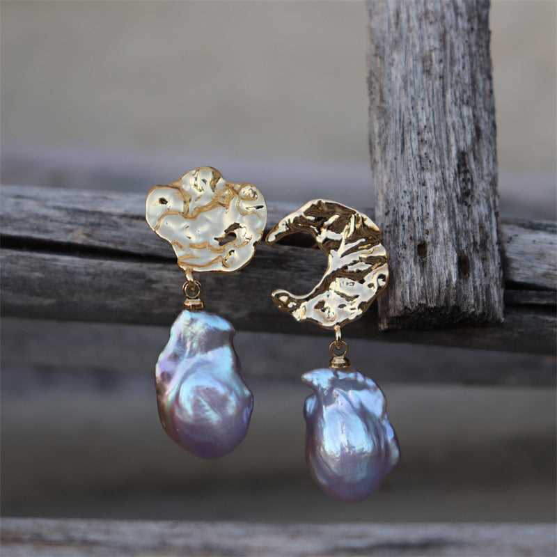 #AB186 Moon and Sun Baroque Freshwater Pearl Earrings