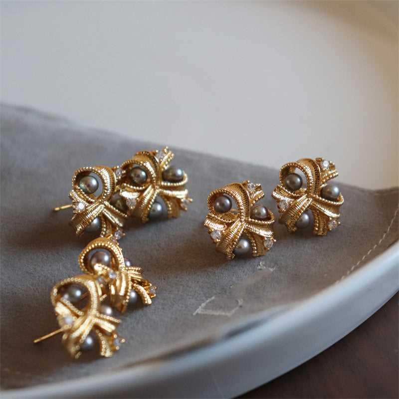 【#182】Butterfly Knot Pearl Sterling Silver Stud Earrings