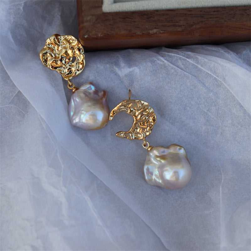 #AB186 Moon and Sun Baroque Freshwater Pearl Earrings