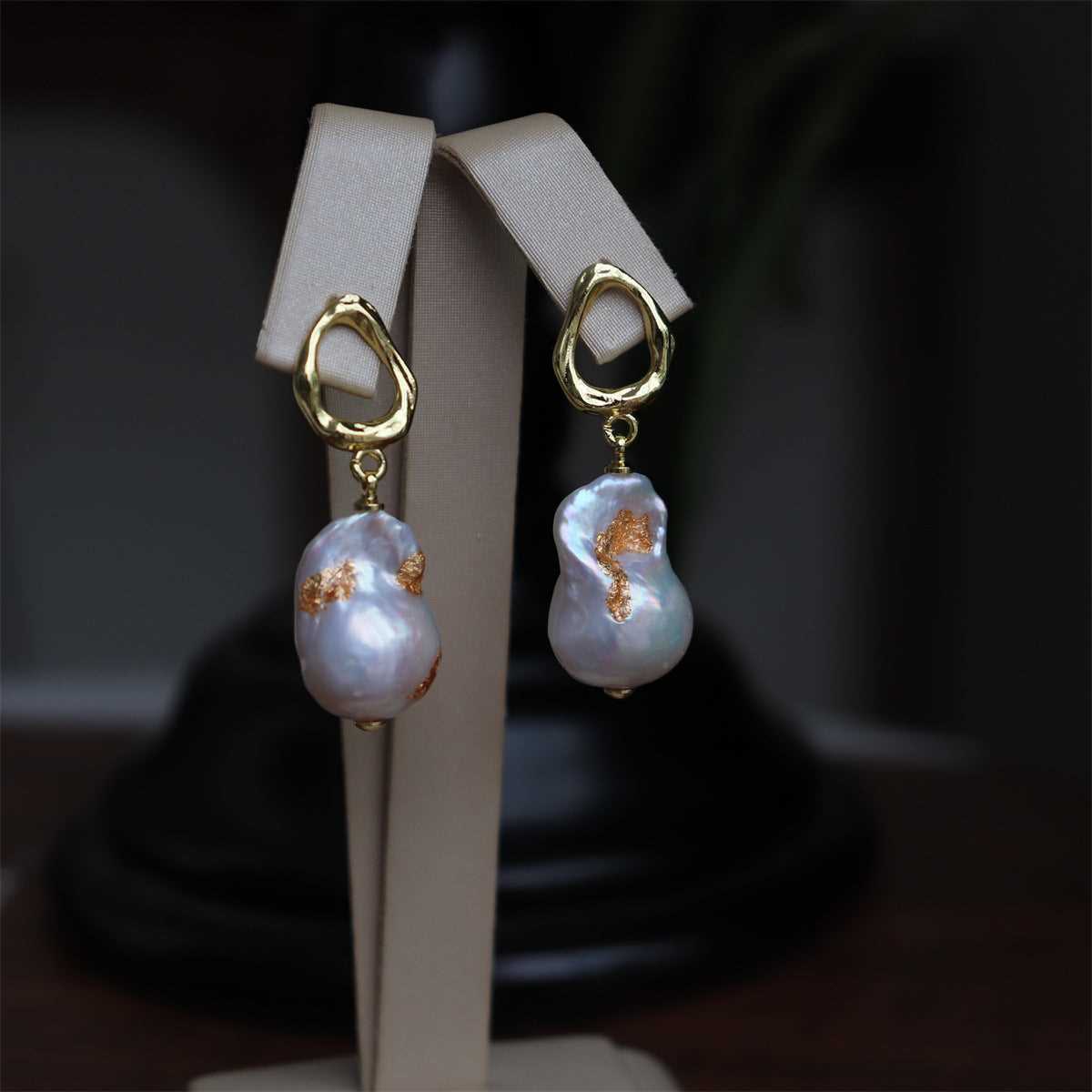 #AB181 High Luster Freshwater Pearl Baroque Pearl Gold Foil Earrings with Pearl Pendant 12mm Sterling Silver 925