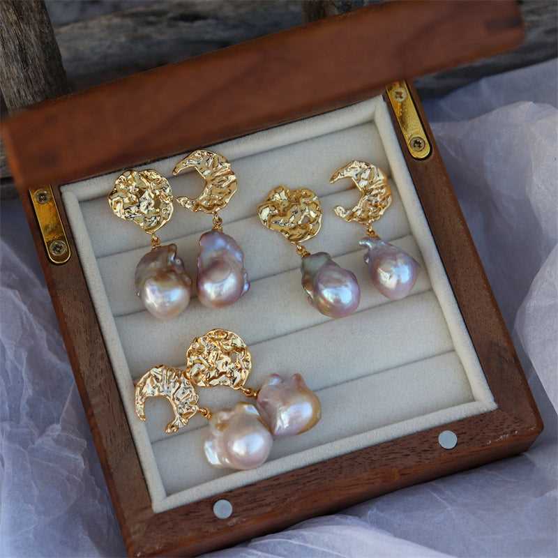 【#185】Moon and Sun Baroque Freshwater Pearl Earrings