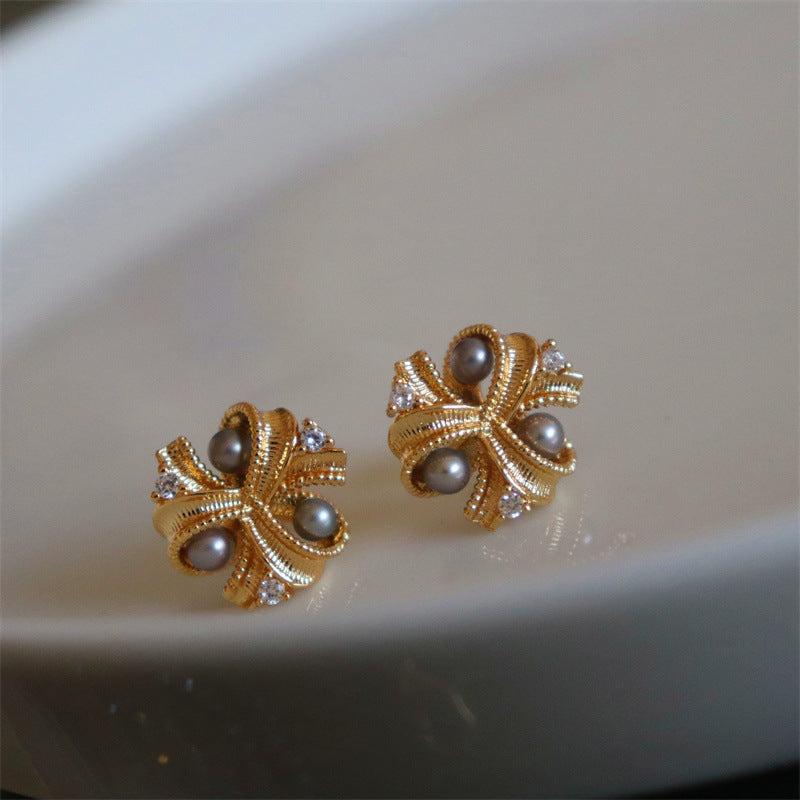 #AB183 Butterfly Knot Pearl Sterling Silver Stud Earrings