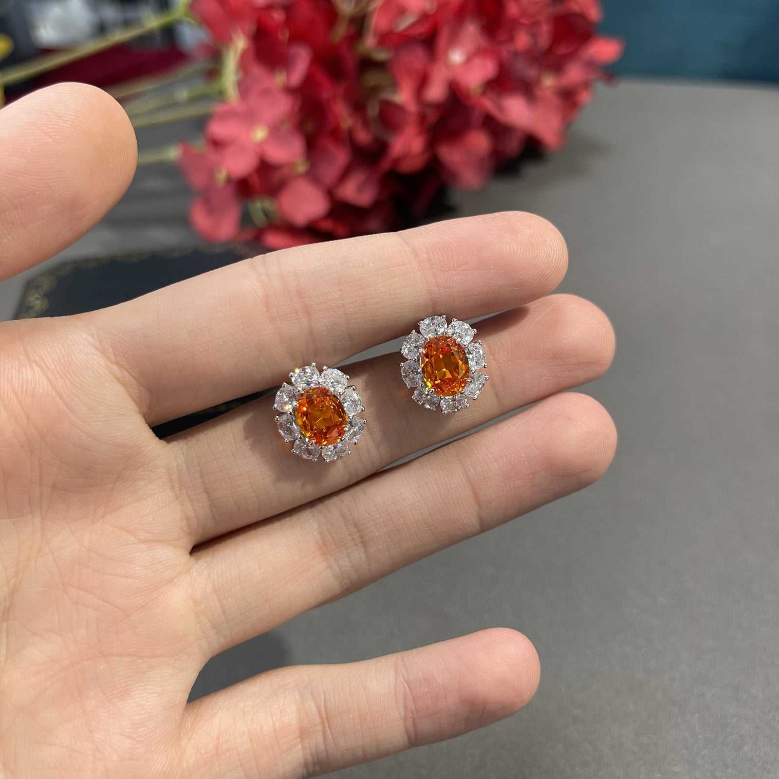 #AB164 【#110】Lab-Grown Fanta Garnet 2 Carat Stud S925 Earrings