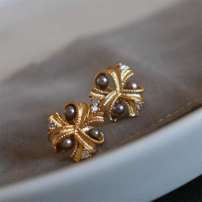 #AB183 Butterfly Knot Pearl Sterling Silver Stud Earrings