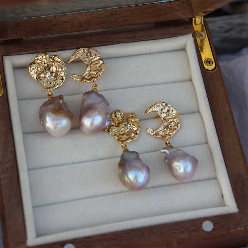 【#185】Moon and Sun Baroque Freshwater Pearl Earrings