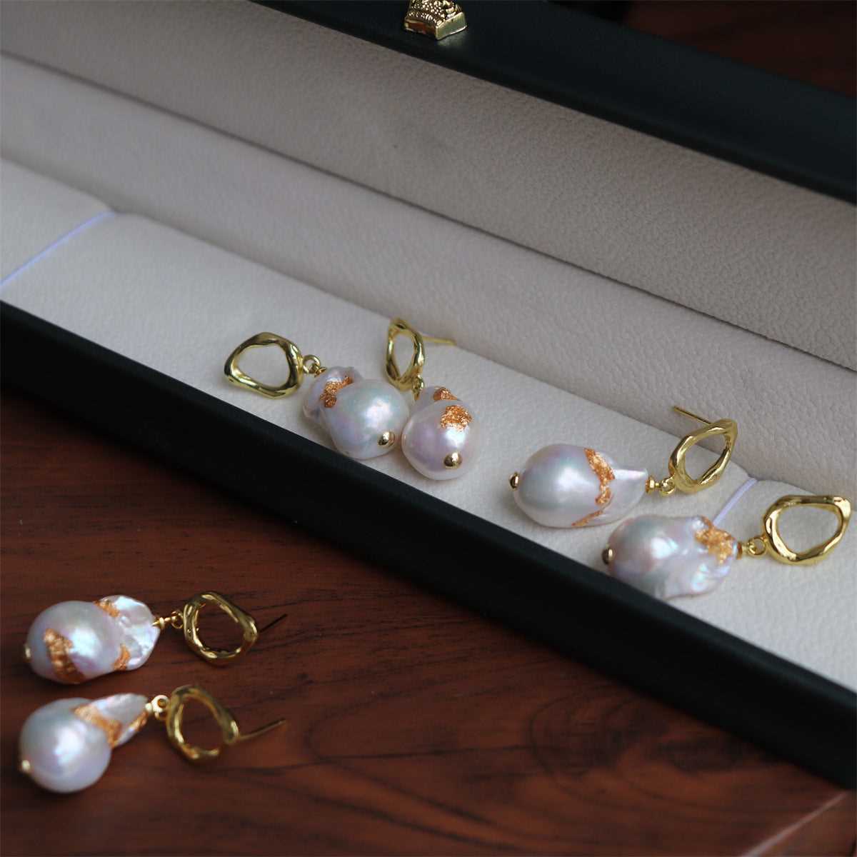 #AB181 High Luster Freshwater Pearl Baroque Pearl Gold Foil Earrings with Pearl Pendant 12mm Sterling Silver 925