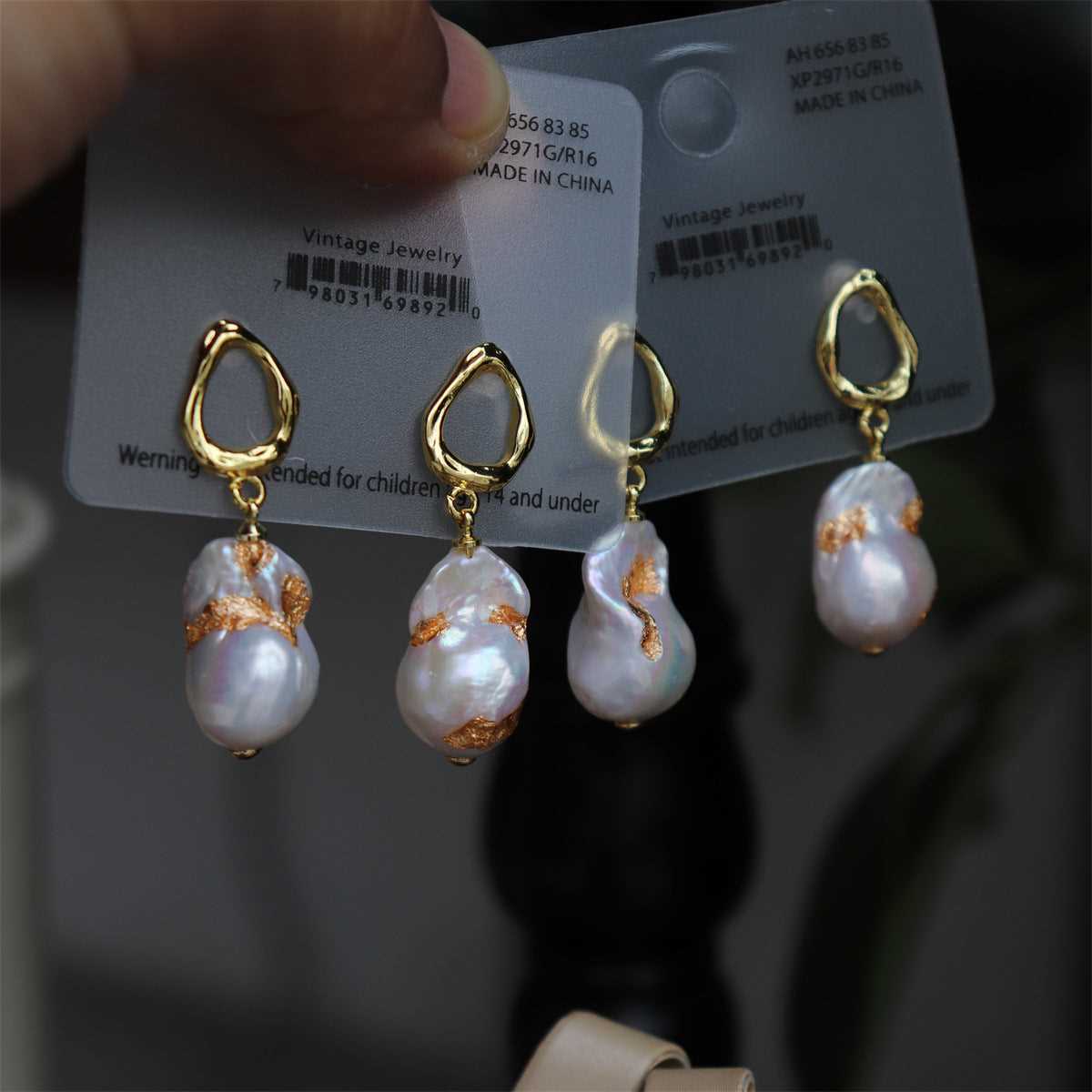 #AB181 High Luster Freshwater Pearl Baroque Pearl Gold Foil Earrings with Pearl Pendant 12mm Sterling Silver 925