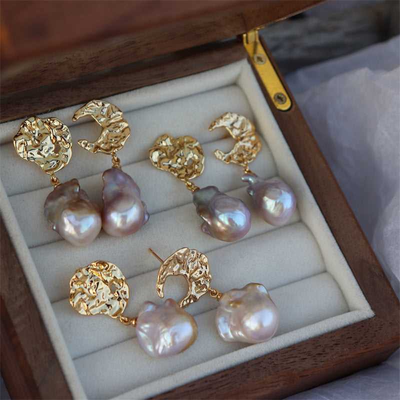 #AB186 Moon and Sun Baroque Freshwater Pearl Earrings