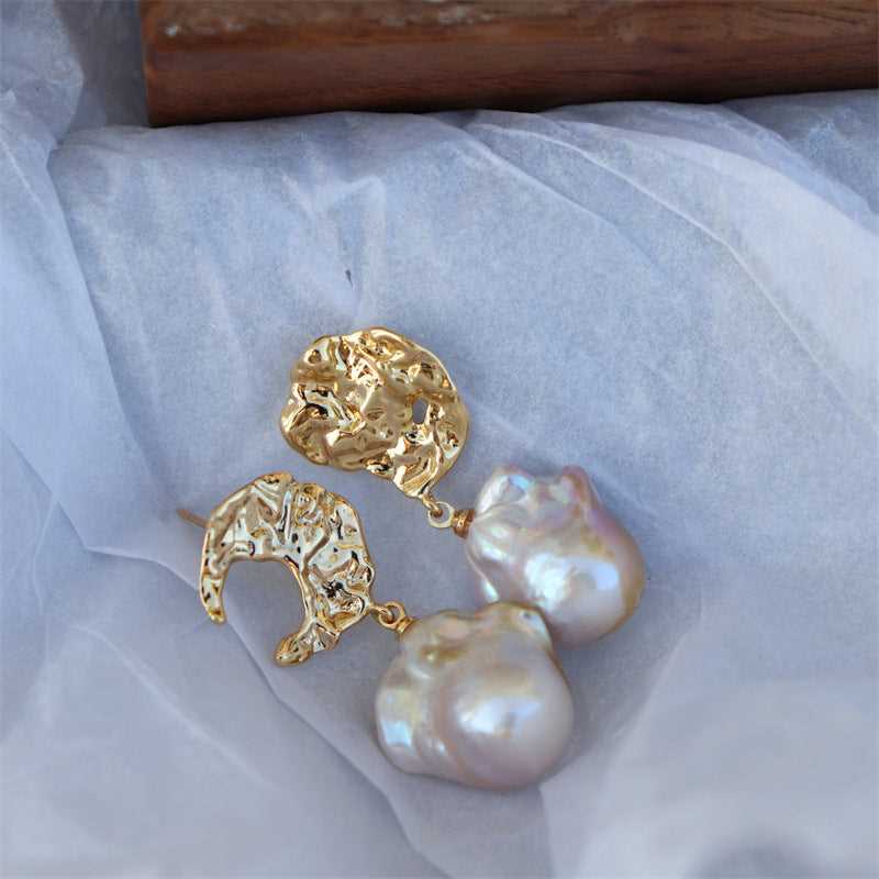 #AB186 Moon and Sun Baroque Freshwater Pearl Earrings