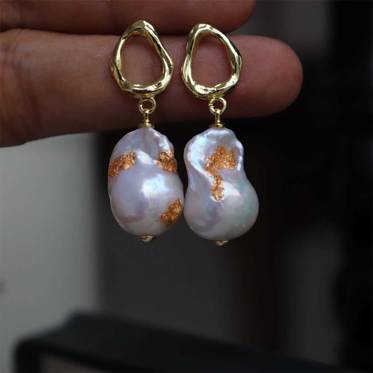 #AB181 High Luster Freshwater Pearl Baroque Pearl Gold Foil Earrings with Pearl Pendant 12mm Sterling Silver 925