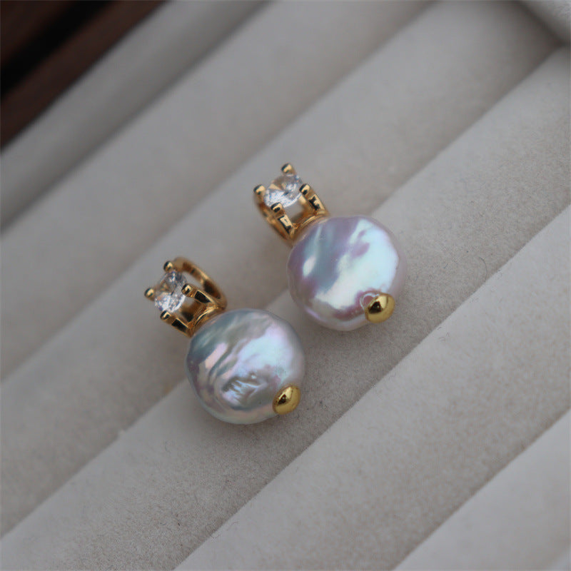 #AB180 High Gloss Freshwater Baroque Pearl Zirconia Stud Earrings with Pearl Danglers 12mm Sterling Silver Posts