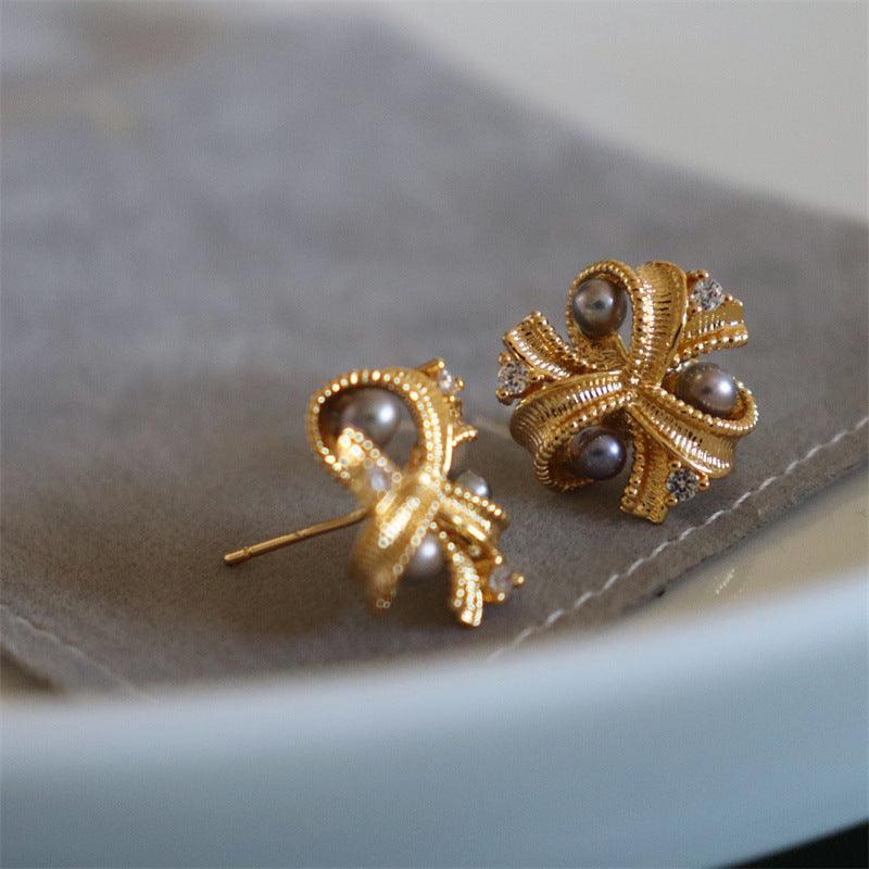 #AB183 Butterfly Knot Pearl Sterling Silver Stud Earrings