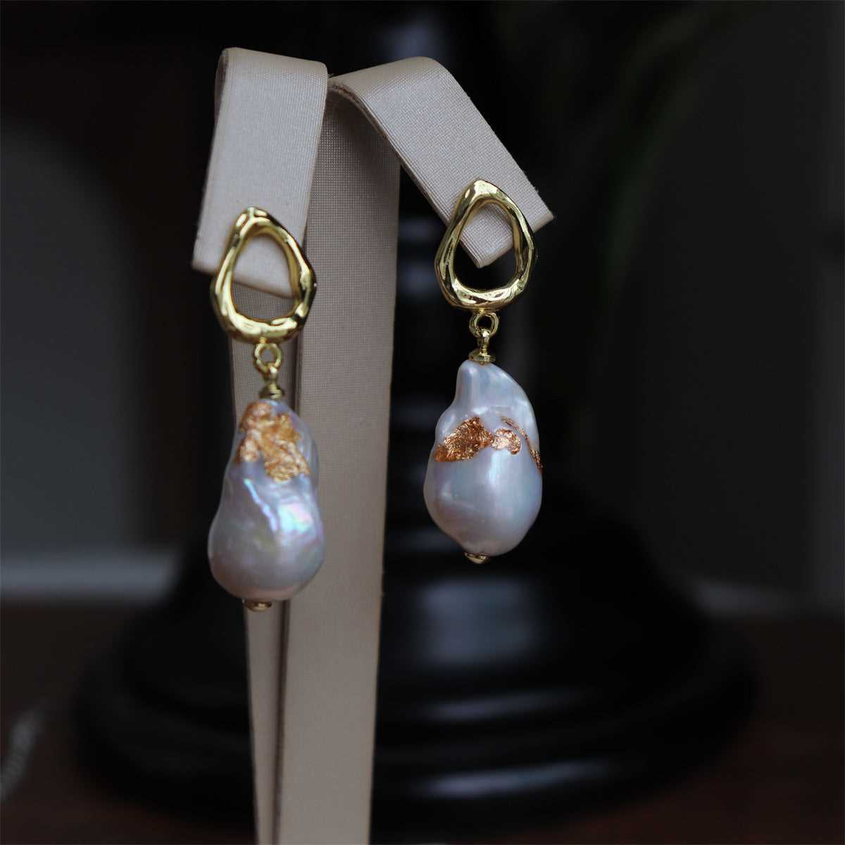 #AB181 High Luster Freshwater Pearl Baroque Pearl Gold Foil Earrings with Pearl Pendant 12mm Sterling Silver 925