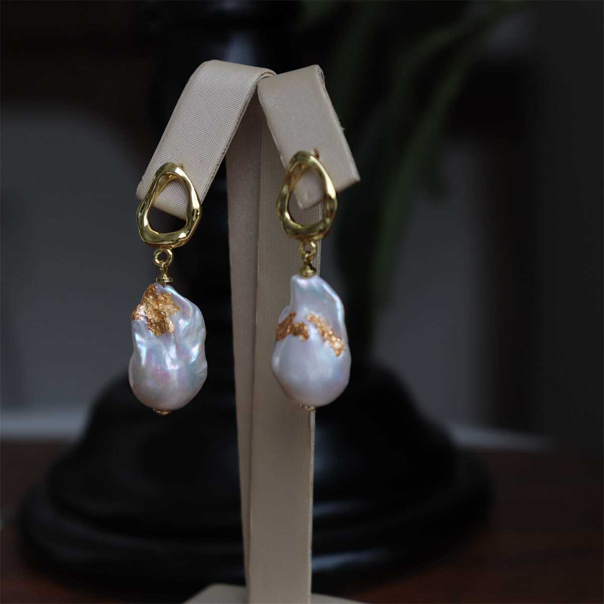 #AB181 High Luster Freshwater Pearl Baroque Pearl Gold Foil Earrings with Pearl Pendant 12mm Sterling Silver 925