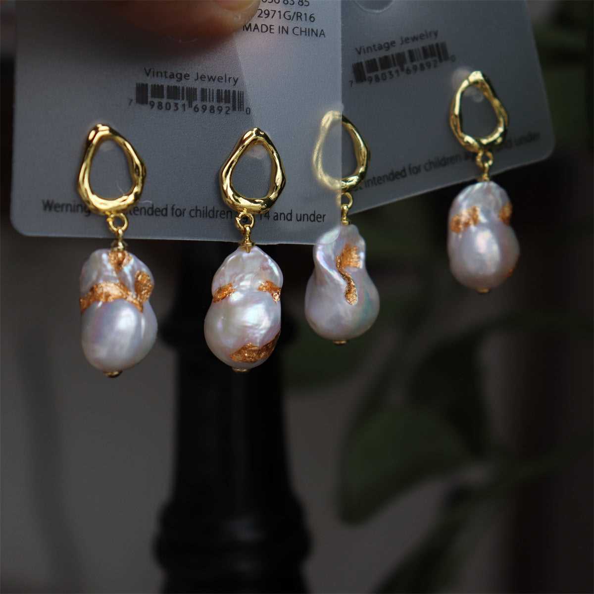 【#180】High Luster Freshwater Pearl Baroque Pearl Gold Foil Earrings with Pearl Pendant 12mm Sterling Silver 925