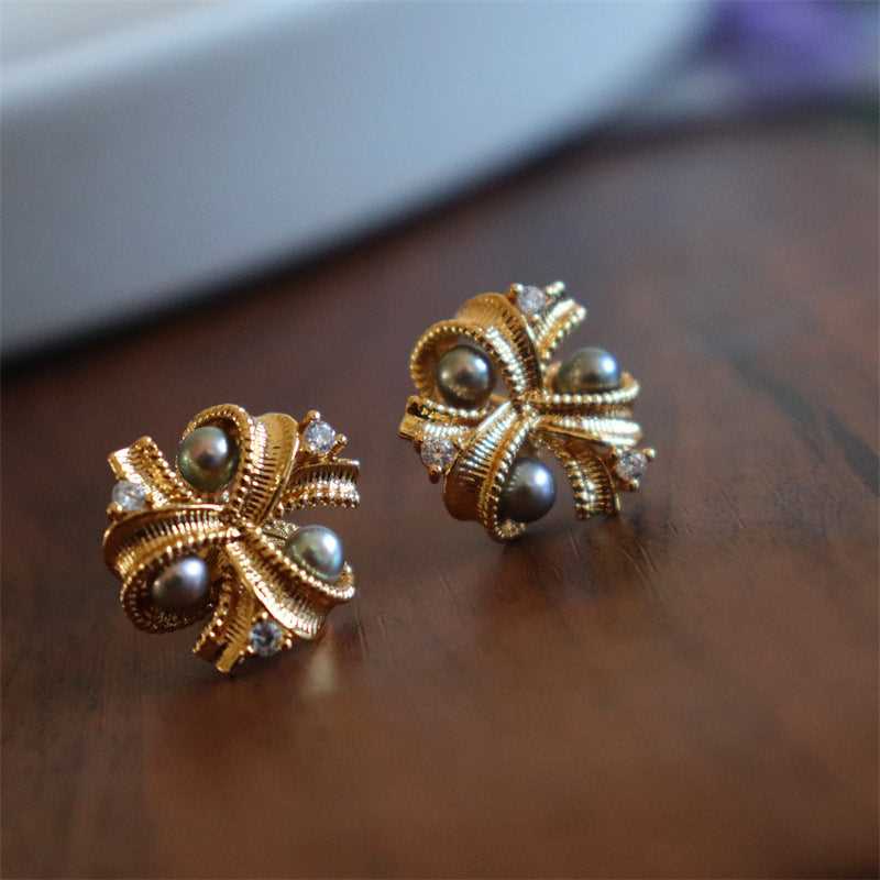 #AB183 Butterfly Knot Pearl Sterling Silver Stud Earrings