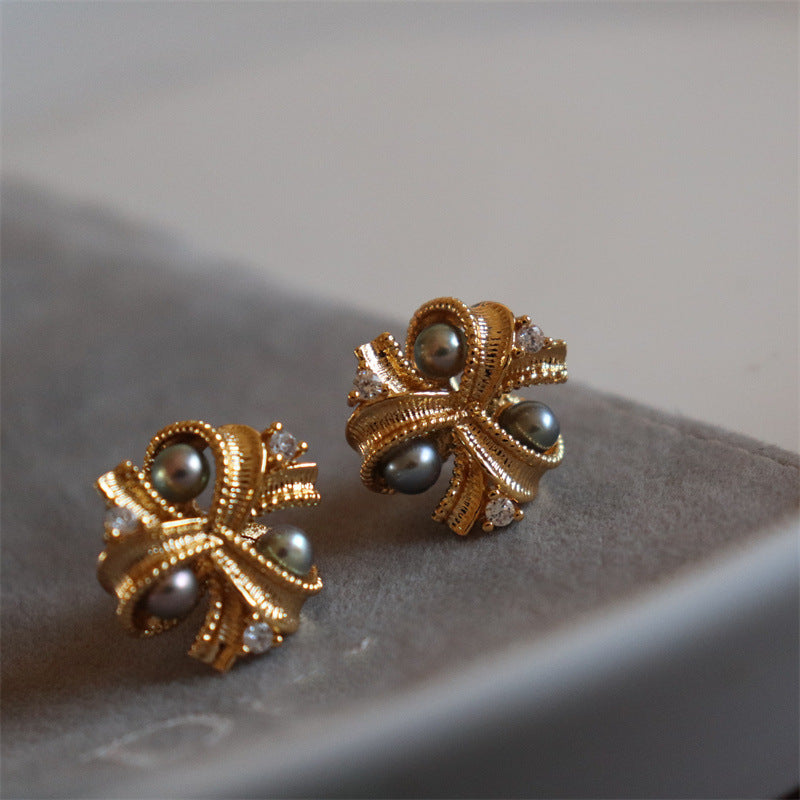 #AB183 Butterfly Knot Pearl Sterling Silver Stud Earrings