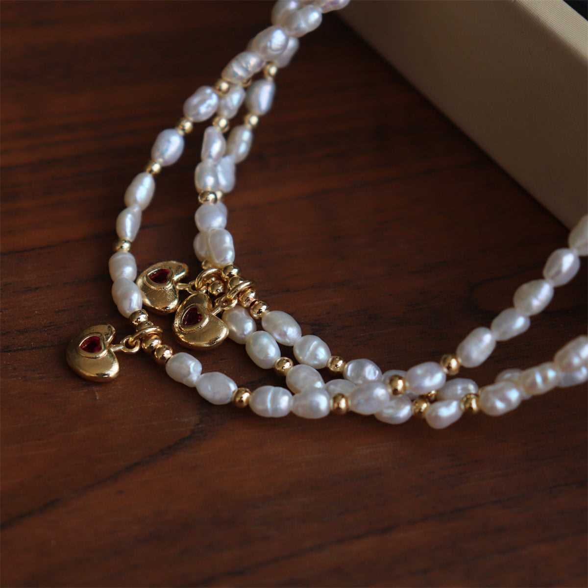 #AB192 Pearl and Ruby Pendant Necklace with 6mm Freshwater Pearl and 18K Gold