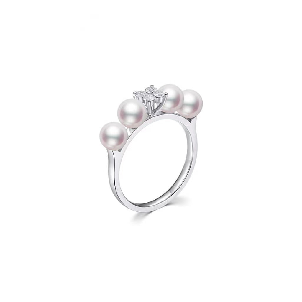 #AB075 Four-Leaf Clover Akoya White Pearl Rings